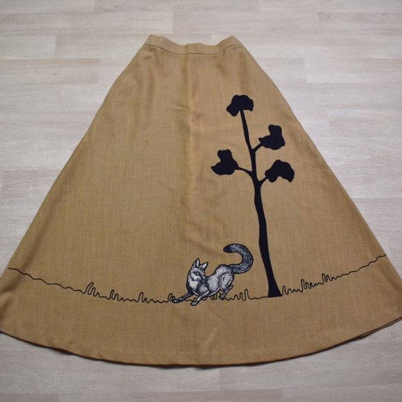 Vintage Dresses & Skirts - SOLD 70s John California Long Maxi Skirt Fox Forest Tree Appliqué VTG 1970s